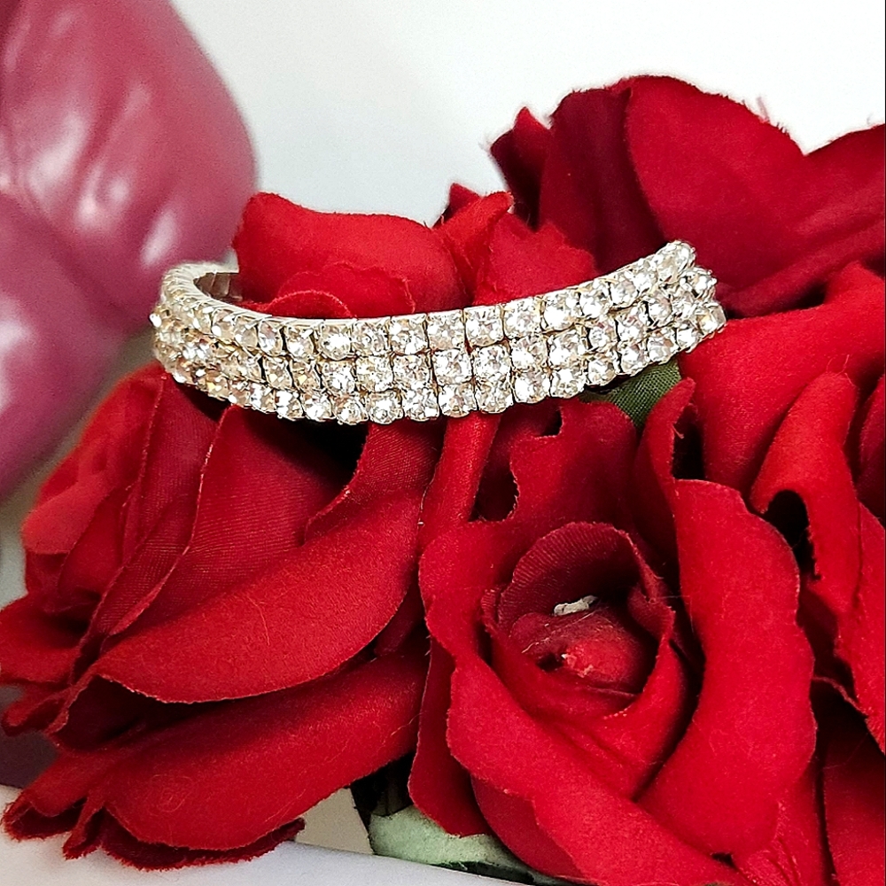 Vintage Crystal 3 Row Stretch Bracelet Glass Crystal Statement Bracelet